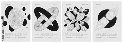 Strange wireframes of geometrical shapes and black geometric figures, modern design inspired by brutalism, contemporary artwork, abstract monochrome design vector set posters, cover, invitation photo