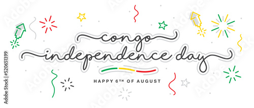 Congo independence day handwritten lettering typography calligraphy with stars, firework, confetti, and abstract Congo Republic flag ribbon isolated on white background