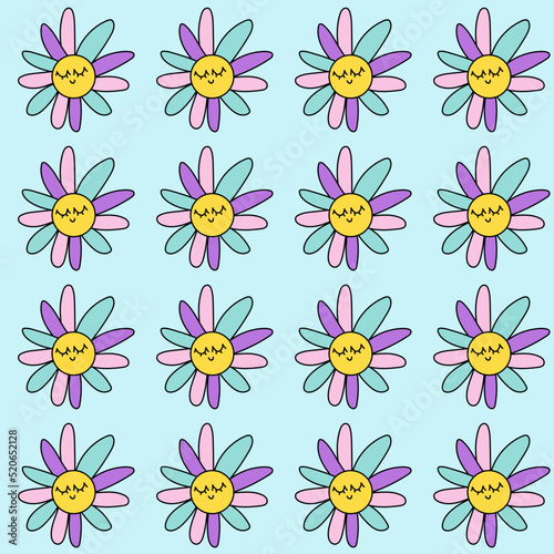 Retro groovy daisy 80s. Seamless pattern flowers on blue backdround