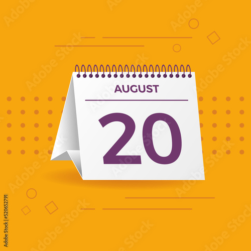 White calendar on yellow background. August 20th. Vector. 3D illustration.
