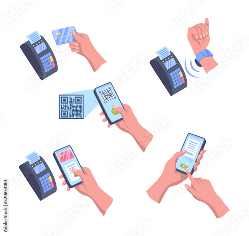 Cartoon Color Human Hands and Payment Mobile Concept Set Flat Design Style Phone and Credit Card. Vector illustration