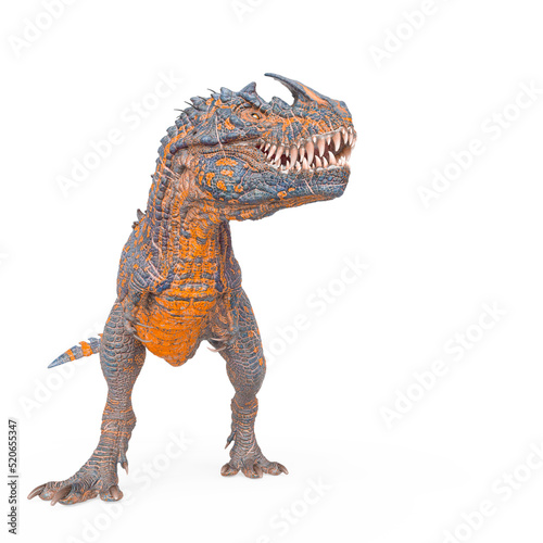 dinosaur monster is standing up and also looking for food on white background with copy space © DM7