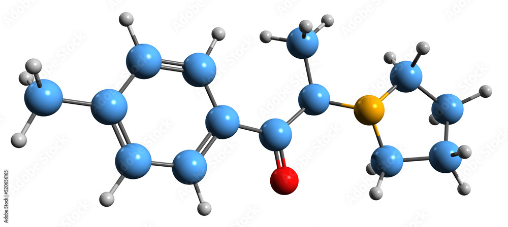 3D image of MPPP skeletal formula - molecular chemical structure of stimulant 4-Methyl-альфа-pyrrolidinopropiophenone isolated on white background
3D image of MPPP skeletal formula - molecular chemical structure of stimulant 4-Methyl-альфа-pyrrolidinopropiophenone isolated on white background