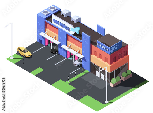 Isometric car wash service station. Automatic carwash. Auto spa cleaning garage. Washing vehicle high pressure with brushes in detailing box. Clean and shiny car. Vector illustration