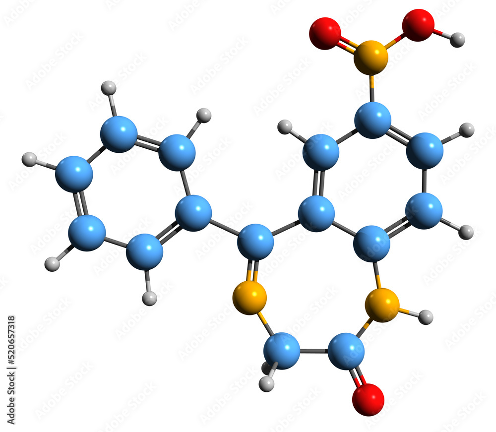 3D image of Nitrazepam skeletal formula - molecular chemical structure of hypnotic drug isolated on white background
3D image of Nitrazepam skeletal formula - molecular chemical structure of hypnotic drug isolated on white background