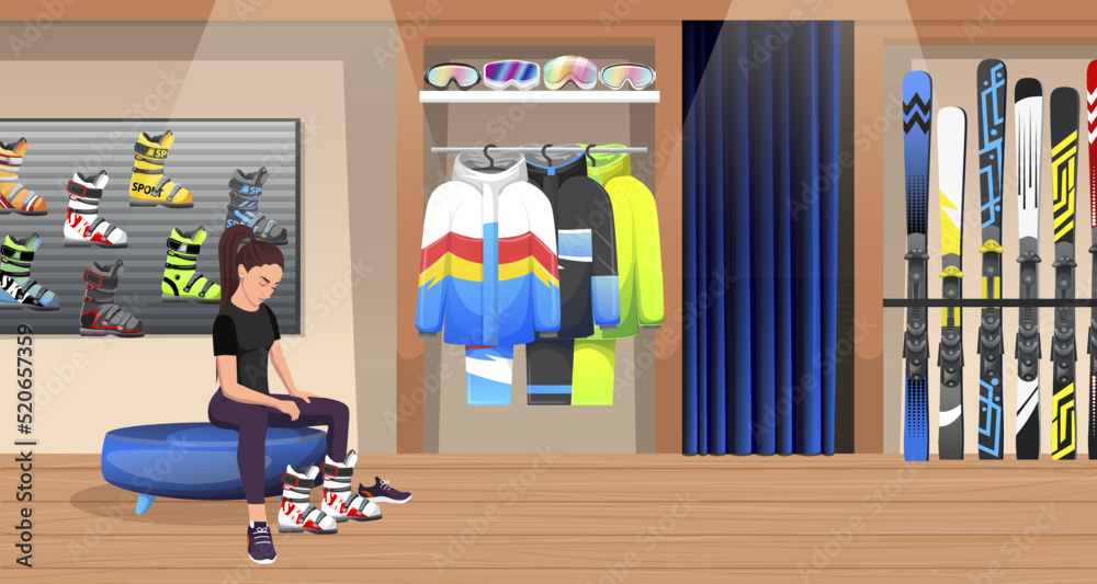 Winter sport equipment shop for skier, store interior. Rent of mountain