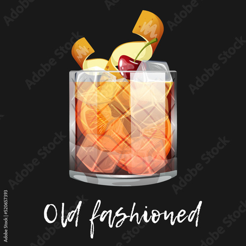 Alcoholic cocktail old fashioned on black background. Bar drink, beverage in glass for menu. Vector illustration