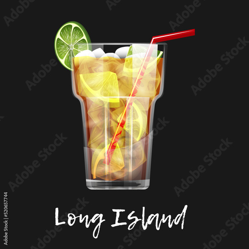 Alcoholic cocktail long island on black background. Bar drink, beverage in glass for menu. Vector illustration