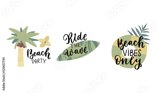 Ride the wave. Beach party. Beach wibes only. Surfing quote. Summer beach stickers set. Cartoon hand drawn flat isolated vector illustration. Holidays vacation set