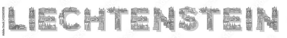 Vector illustration of the Liechtenstein consisting of buildings and houses. Trendy linear lettering. Suitable for web, advertising, posters, banners and brochures.