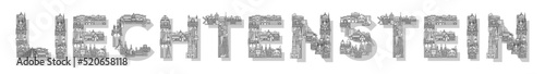 Vector illustration of the Liechtenstein consisting of buildings and houses. Trendy linear lettering. Suitable for web, advertising, posters, banners and brochures.