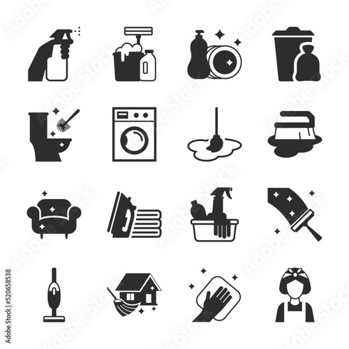 Cleaning service icons set. Hygiene, surface cleaning, house cleaning. Monochrome black and white icon