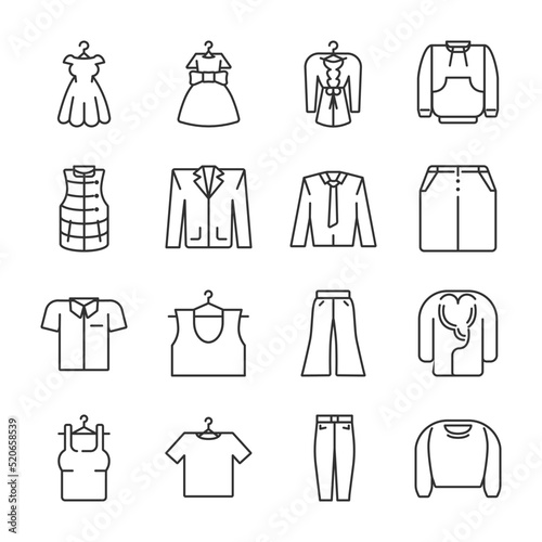 Clothing icons set. Different outerwear options. Linear style, Editable stroke