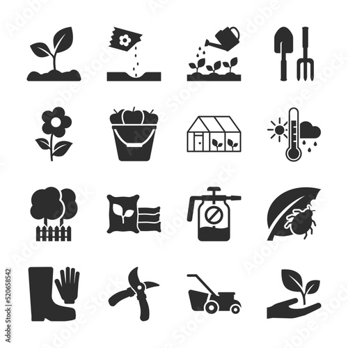 Gardening icons set. Planting, care, vegetable garden. Monochrome black and white icon.