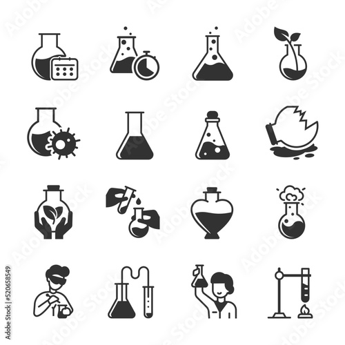 Flasks icons set. Chemical Pots. Monochrome black and white icon.