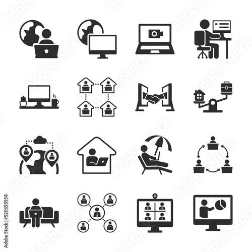 Working from home icons set. Workers work from off-site workspace at their laptops and computers. Working remotely. Monochrome black and white icon.