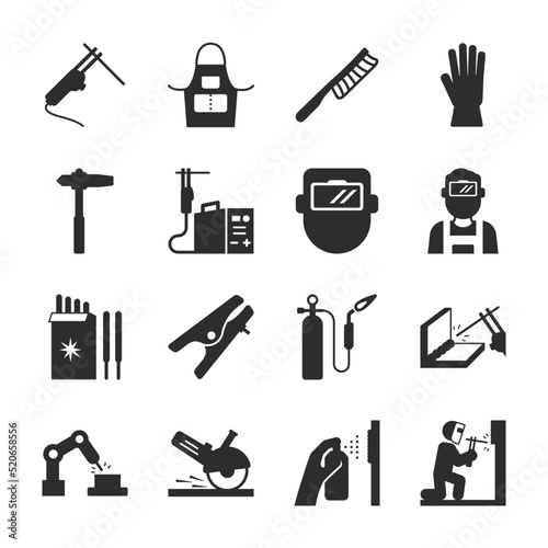 Welding icons set. Gas and arc processes. Equipment and tools. Monochrome black and white icon.