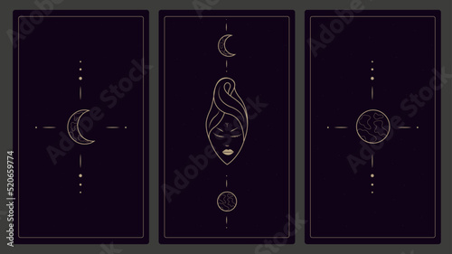 Magic occult cards for divination. Vintage hand drawn mystical tarot cards, magic symbols of the moon, planet, seer, stars, magic occult cards vector illustration set. Esoteric, astrological elements