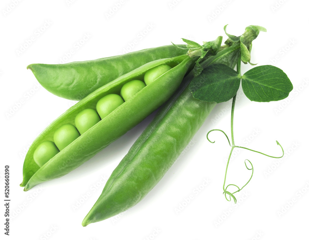 Green pea isolated. Pea pods on a white background, top view. Green pea isolated. Pea pods on a white background, top view.