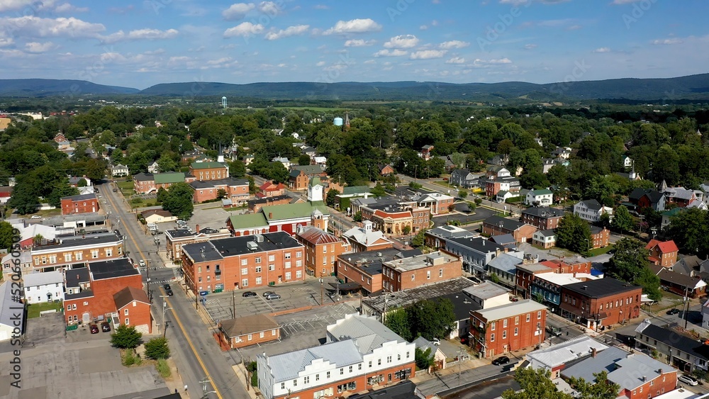 Aerial view of county courthouse over main street USA, Charles Town, West Virginia on a beautiful sunny day.