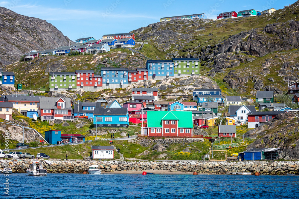 Panoramic view of multi coloured architecture and buildings in small town of  Qaqortoq, Greenland on 13 July 2022