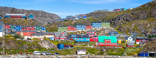 Panoramic view of multi coloured architecture and buildings in small town of  Qaqortoq, Greenland on 13 July 2022 photo