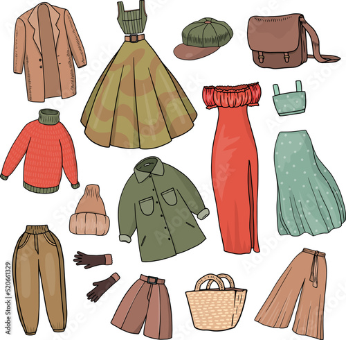 Set of clothes for woman. Collection of things. Coat, midi dress, culottes, oversized shirt, shorts, hat, gloves, purse bag, messenger bag, sweater, midi skirt, joggers, top