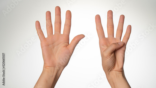 Photographie Women's hands gesture counting on fingers nine palm side
