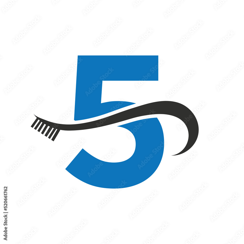 Letter 5 With Tooth Brush Logo Design Concept For Teeth Care Dental Logo Template