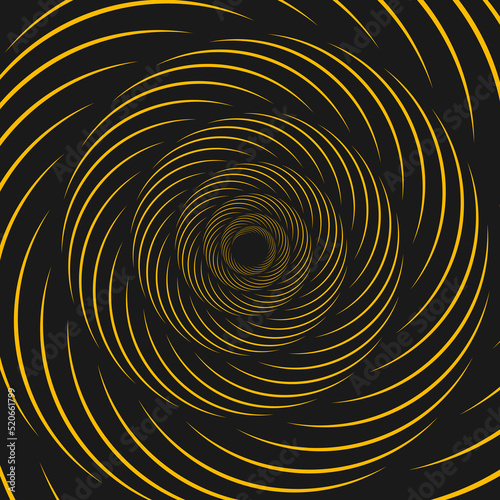 Abstract yellow speed lines in spiral form. Geometric art. Design element for round logo, prints, blackout tattoo, sign, symbol, abstract background, template and textile pattern