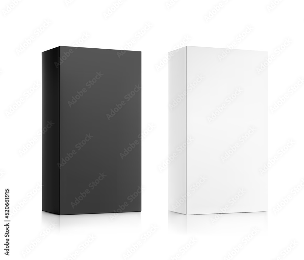 Realistic white and black box mockups. Perspective view. Vector illustration isolated on white background. Can be use for food, medicine, cosmetic and other. Ready for your design. EPS10. Realistic white and black box mockups. Perspective view. Vector illustration isolated on white background. Can be use for food, medicine, cosmetic and other. Ready for your design. EPS10.