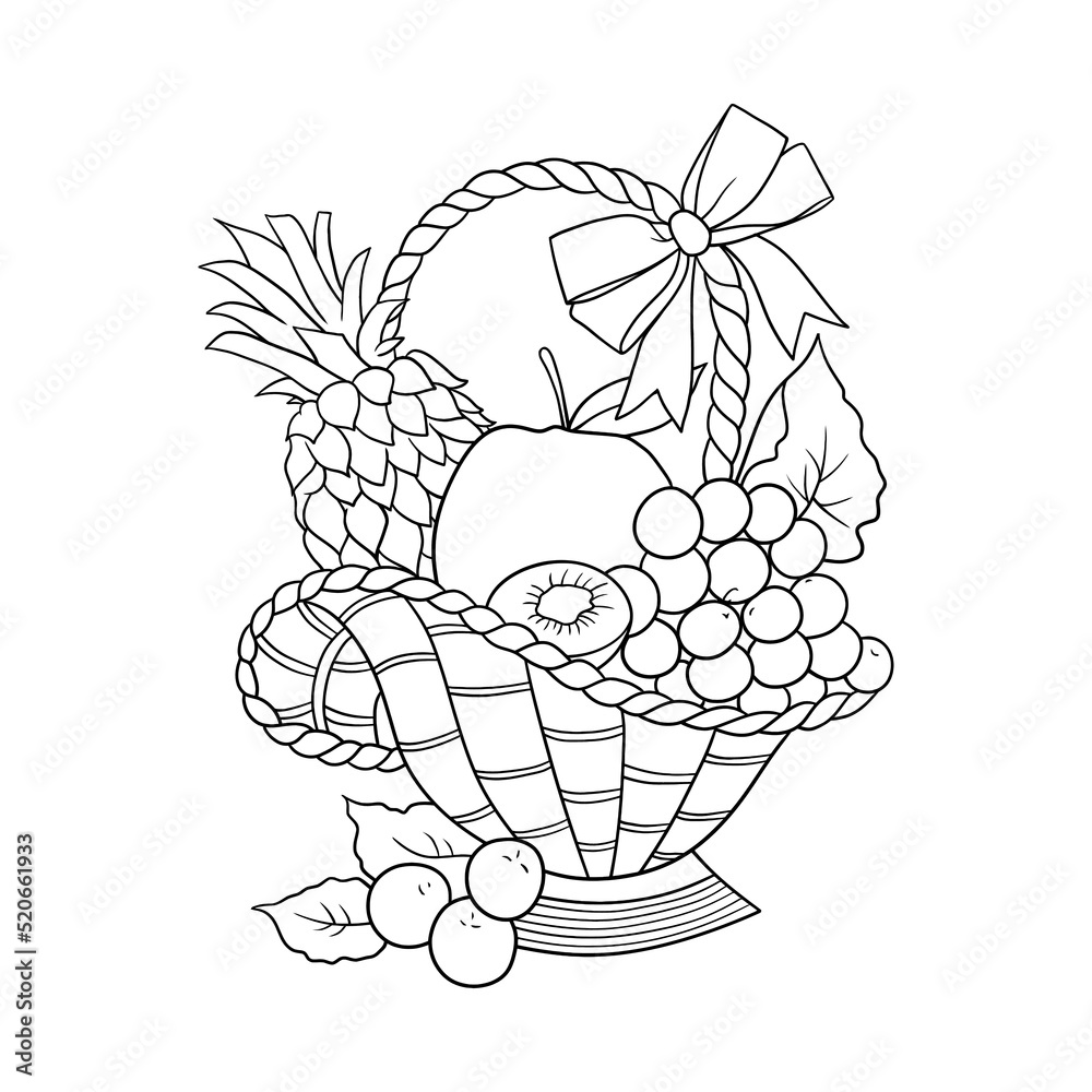 Basket full of fruits in vector line art illustration Basket full of fruits in vector line art illustration