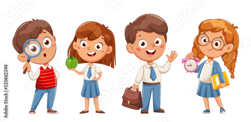 Cute schoolboy and schoolgirl, set of four poses