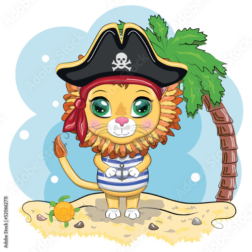 Lion pirate, cartoon character of the game, wild animal cat in a bandana and a cocked hat with a skull, with an eye patch. Character with bright eyes