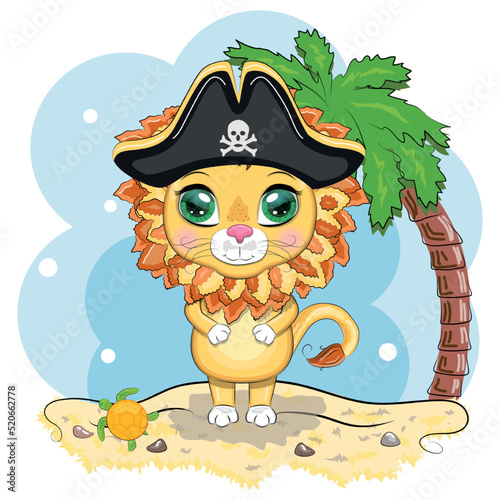 Lion pirate, cartoon character of the game, wild animal cat in a bandana and a cocked hat with a skull, with an eye patch. Character with bright eyes