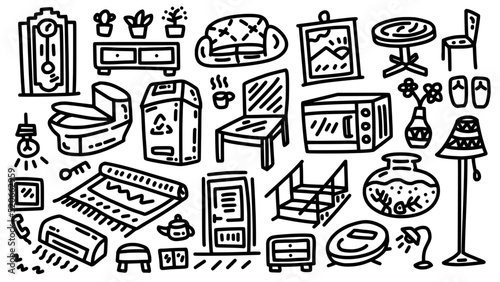 interior and furniture icon set hand drawn doodle cartoon outline vector illustration collection
