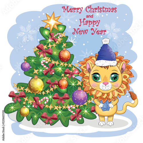 Fototapeta Naklejka Na Ścianę i Meble -  Merry Christmas and Happy New year. Funny lion in red hat with gift in cartoon style. Greeting card.
