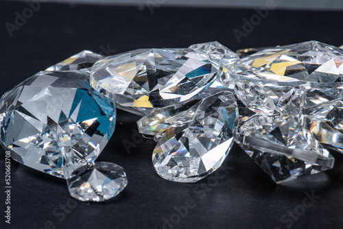 Glass crystals on a grey table.