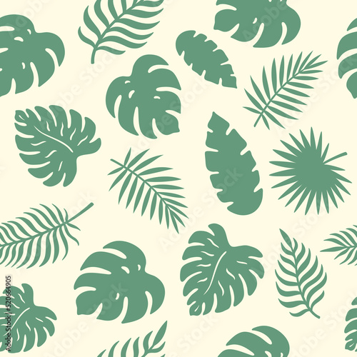 Tropical leaves background. Vector seamless pattern with green leaves. Palm monstera.