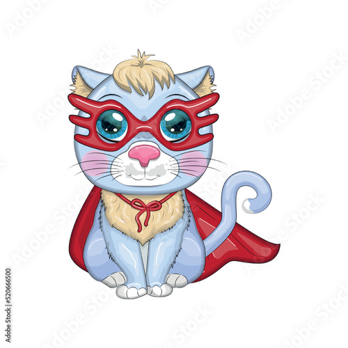 Cartoon cat superhero in a red cloak and mask. Cute child character, symbol of 2023 new chinese year