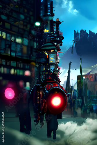 A 3d digital render of a cyberpunk city in the distance with a checkpoint of bright spotlights pointing to the viewer. Mist and fog cover the ground, adding an ominous feeling.