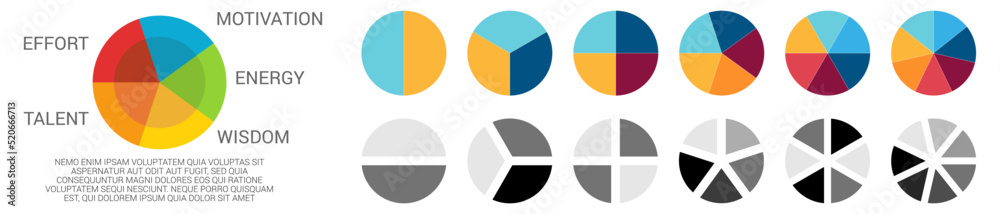 Circle divided into two to seven equal parts, simple pie chart infographics element Circle divided into two to seven equal parts, simple pie chart infographics element