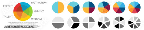 Circle divided into two to seven equal parts, simple pie chart infographics element