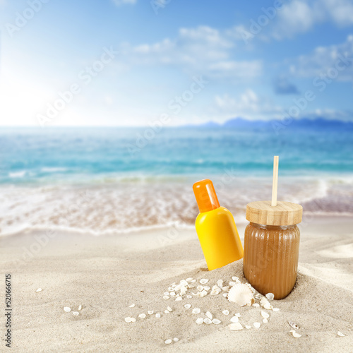 Summer landscape of beach and cold frappe 