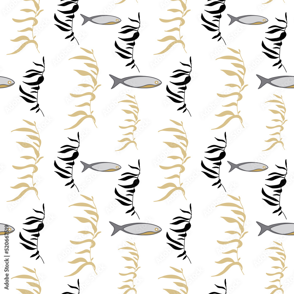 Obraz premium Fish and sea weed seamless pattern in black, white and gold colours.