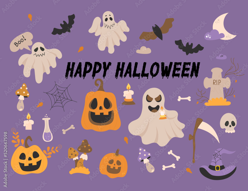 Vector collection Happy Halloween. Holiday Jack lantern pumpkin, bat, ghost, cobweb, skull, witch hat and scythe, grave, fly agaric and magic potion. Isolated elements for decor, design, decoration.