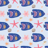 Underwater sea world seamless pattern. Dark blue fishes, red stars and shells on light blue background.