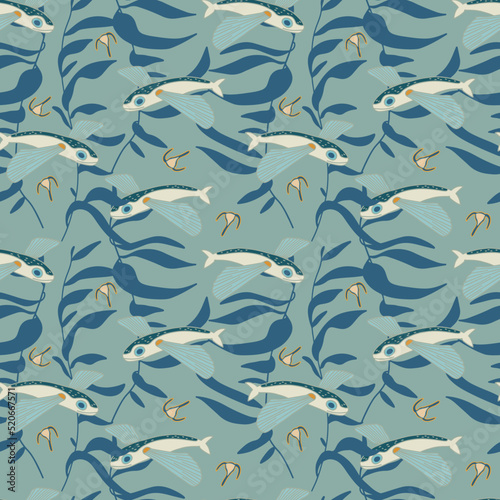 Flying fishes and sea weed seamless pattern in blue and green colours.