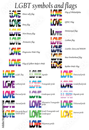 LGBT flag set including Progressive, Standard, Bisexual, Polyamory, Asexual, Aromantic, Philadelphia, QPOC, Demisexual, Lesbian, BDSM, Rubber