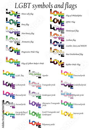 LGBT flag set including Progressive, Standard, Bisexual, Polyamory, Asexual, Aromantic, Philadelphia, QPOC, Demisexual, Lesbian, BDSM, Rubber